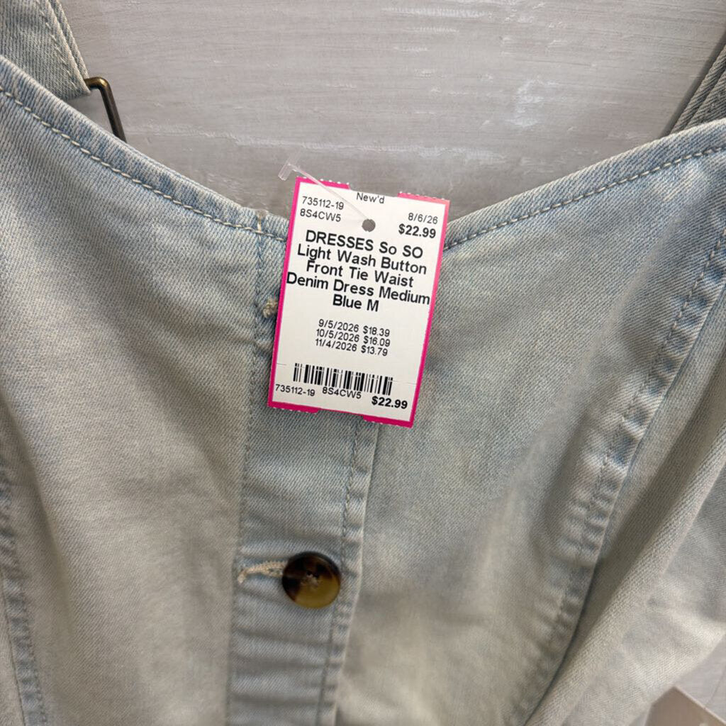 SO Light Wash Button Front Tie Waist Denim Dress Medium