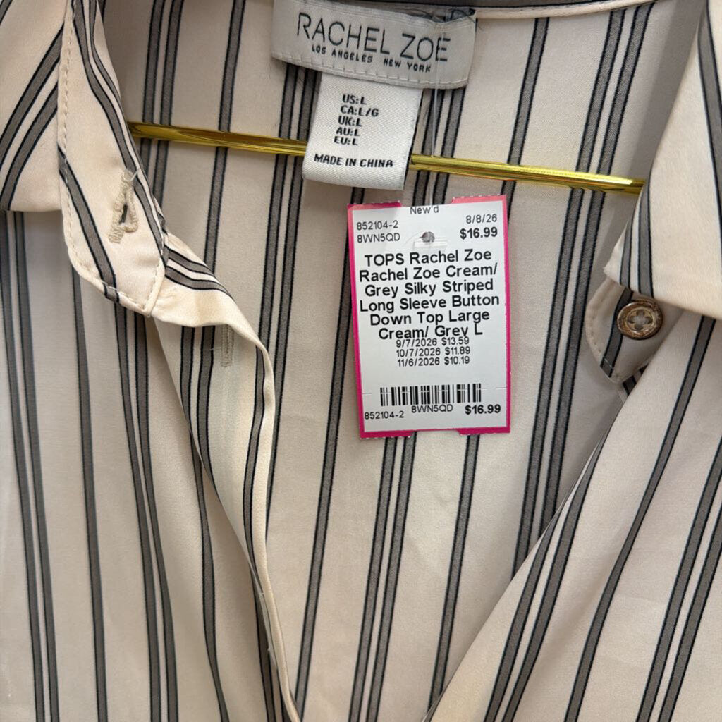 Rachel Zoe Cream/ Grey Silky Striped Long Sleeve Button Down Top Large