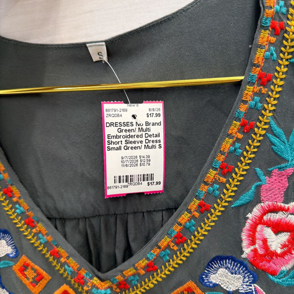 Green/ Multi Embroidered Detail Short Sleeve Dress Small