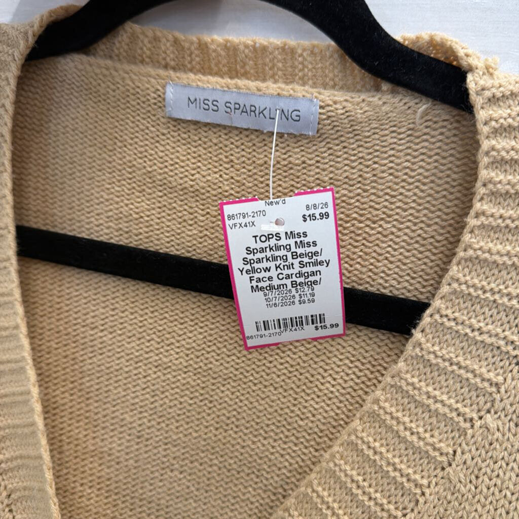 Miss Sparkling Beige/ Yellow Knit Smiley Face Cardigan Medium