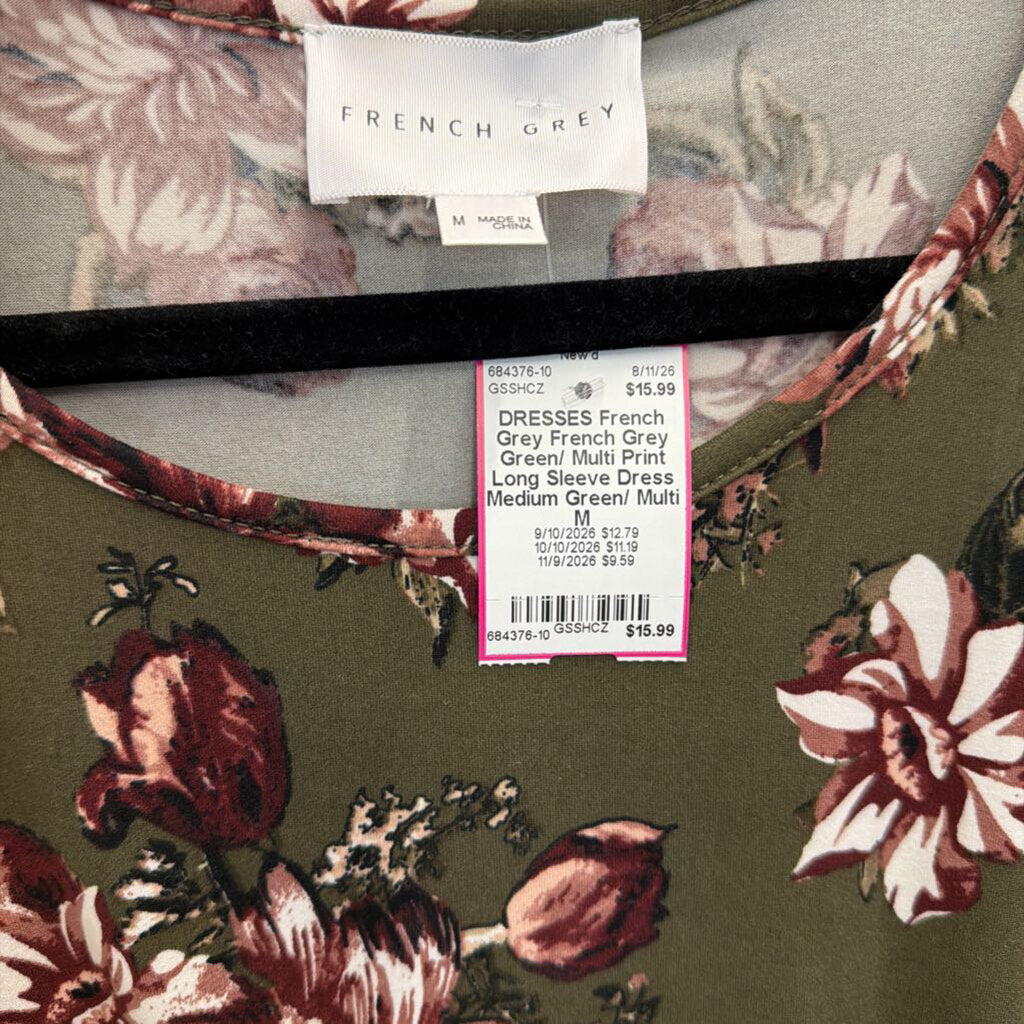 French Grey Green/ Multi Print Long Sleeve Dress Medium