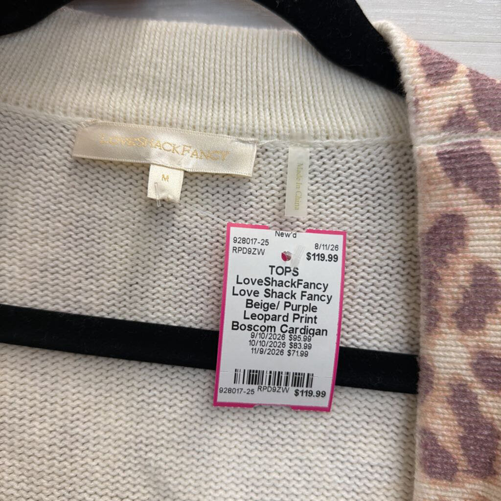 Love Shack Fancy Beige/ Purple Leopard Print Boscom Cardigan Medium