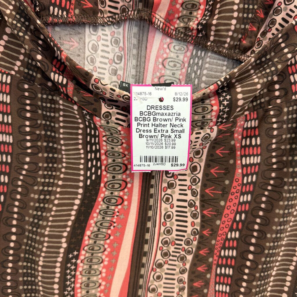 BCBG Brown/ Pink Print Halter Neck Dress Extra Small