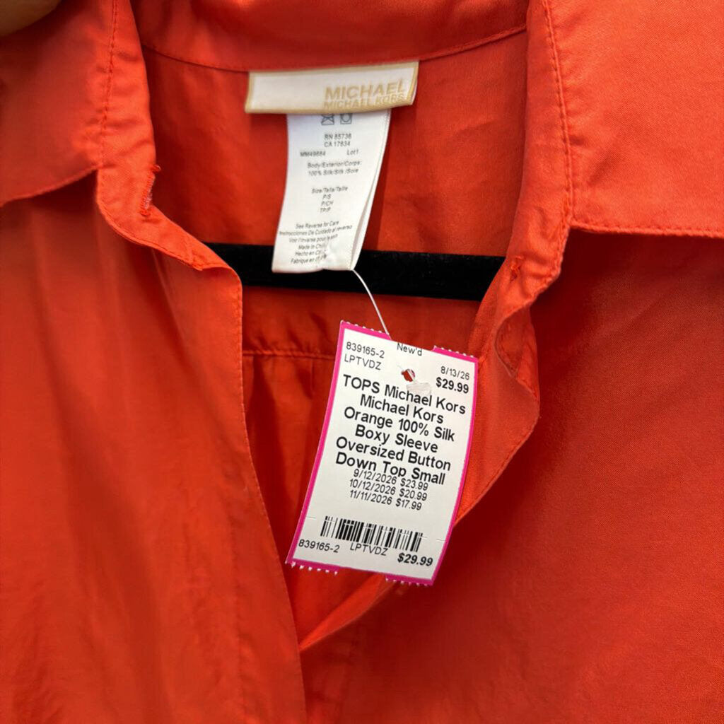 Michael Kors Orange 100% Silk Boxy Sleeve Oversized Button Down Top Small