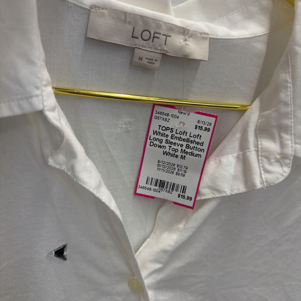 Loft White Embellished Long Sleeve Button Down Top Medium