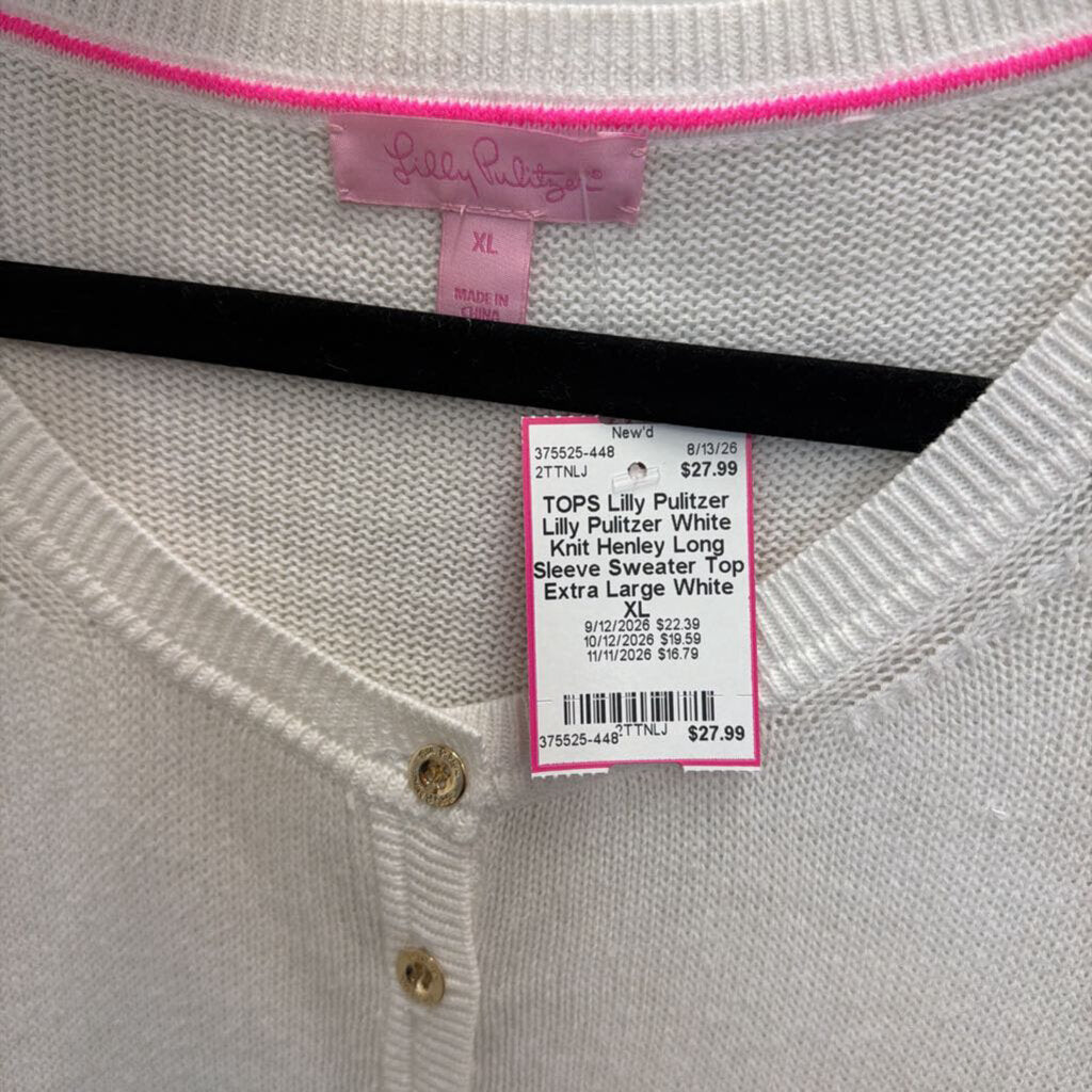 Lilly Pulitzer White Knit Henley Long Sleeve Sweater Top Extra Large