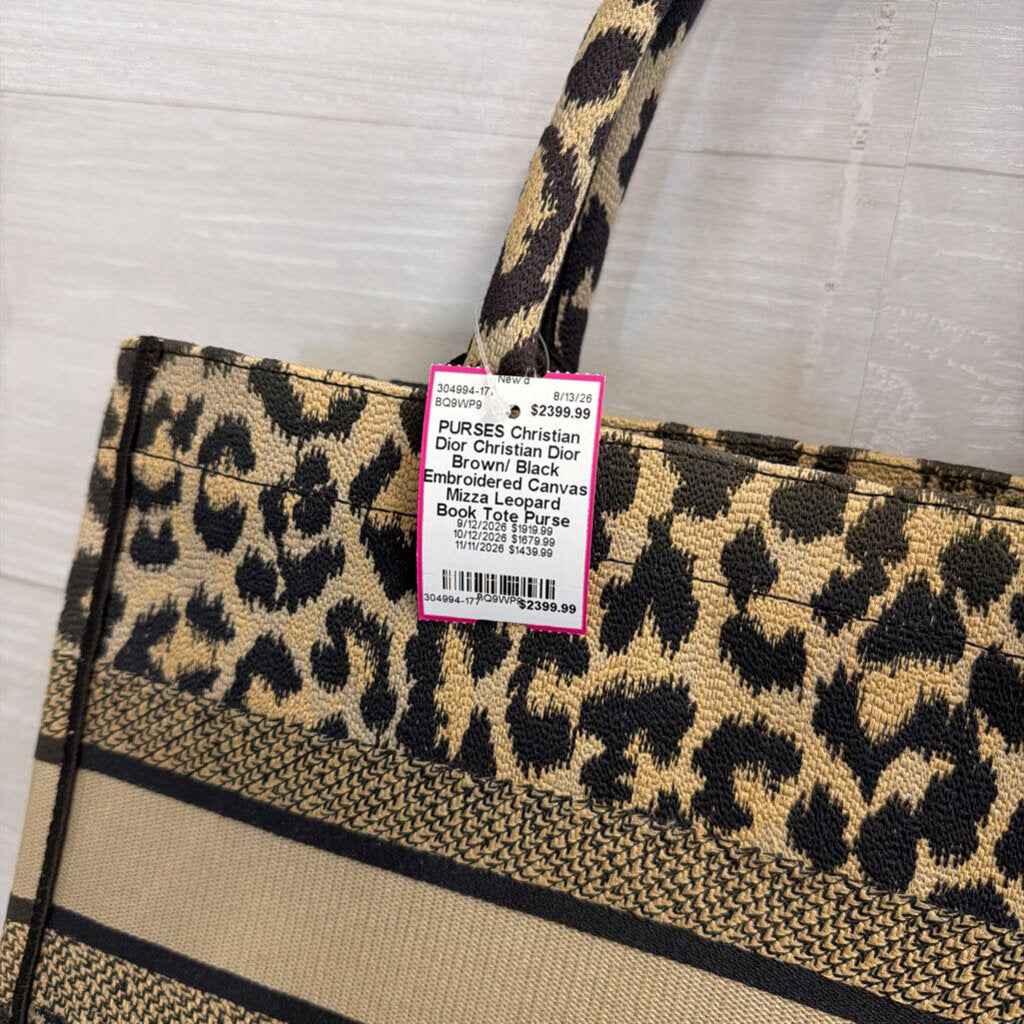 Christian Dior Brown/ Black Embroidered Canvas Mizza Leopard Book Tote Purse