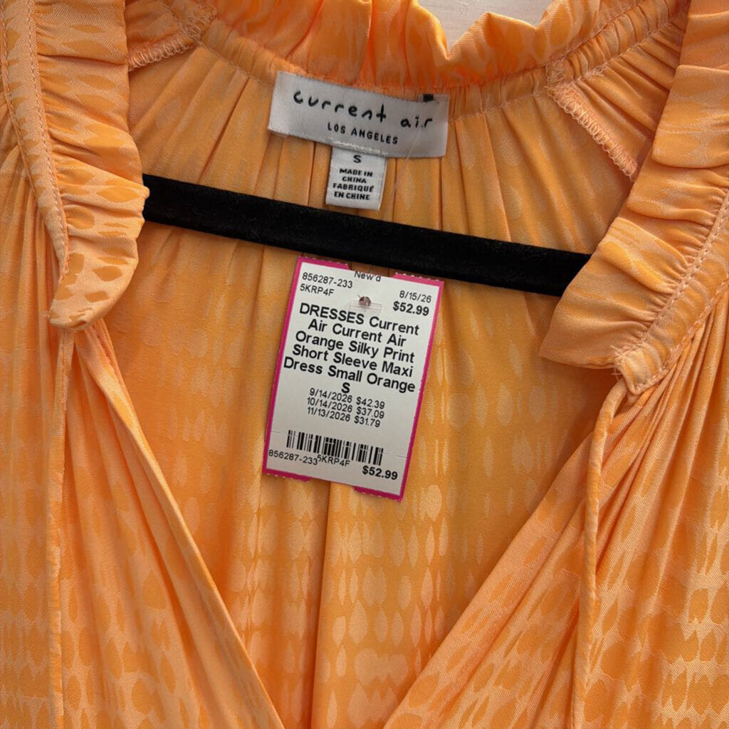 Current Air Orange Silky Print Short Sleeve Maxi Dress Small