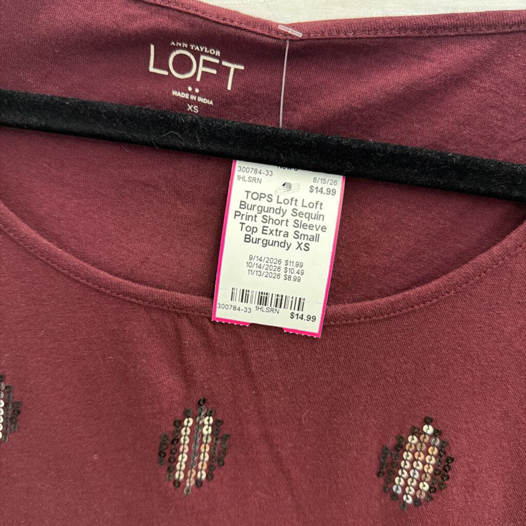 Loft Burgundy Sequin Print Short Sleeve Top Extra Small