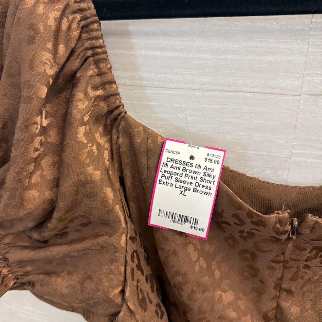 Mi Ami Brown Silky Leopard Print Short Puff Sleeve Dress Extra Large