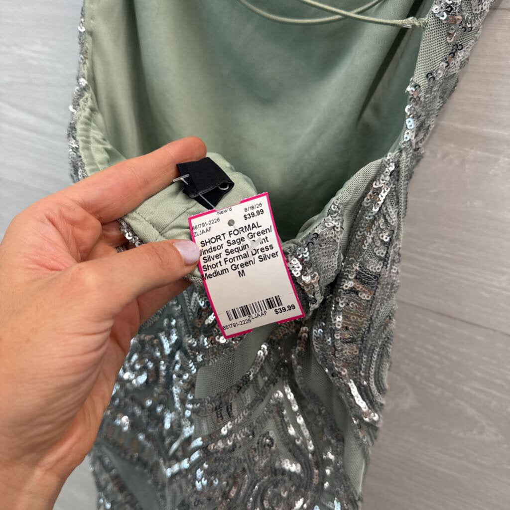 Sage Green/ Silver Sequin Print Short Formal Dress Medium