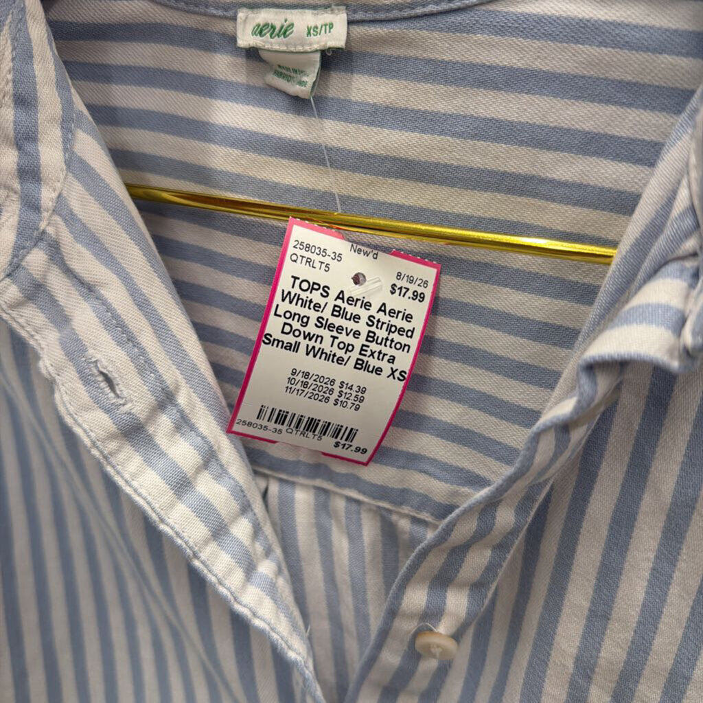 Aerie White/ Blue Striped Long Sleeve Button Down Top Extra Small