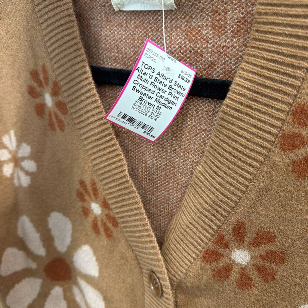 Altar'd State Brown/ Multi Flower Print Cropped Cardigan Sweater Medium