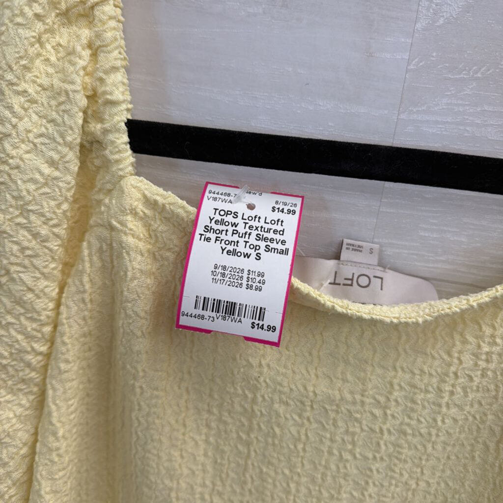 Loft Yellow Textured Short Puff Sleeve Tie Front Top Small