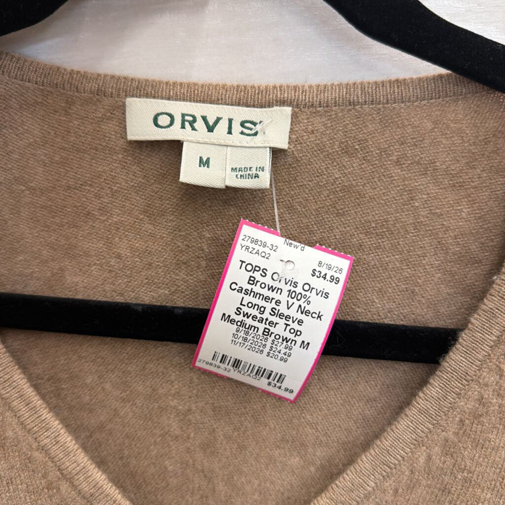 Orvis Brown 100% Cashmere V Neck Long Sleeve Sweater Top Medium