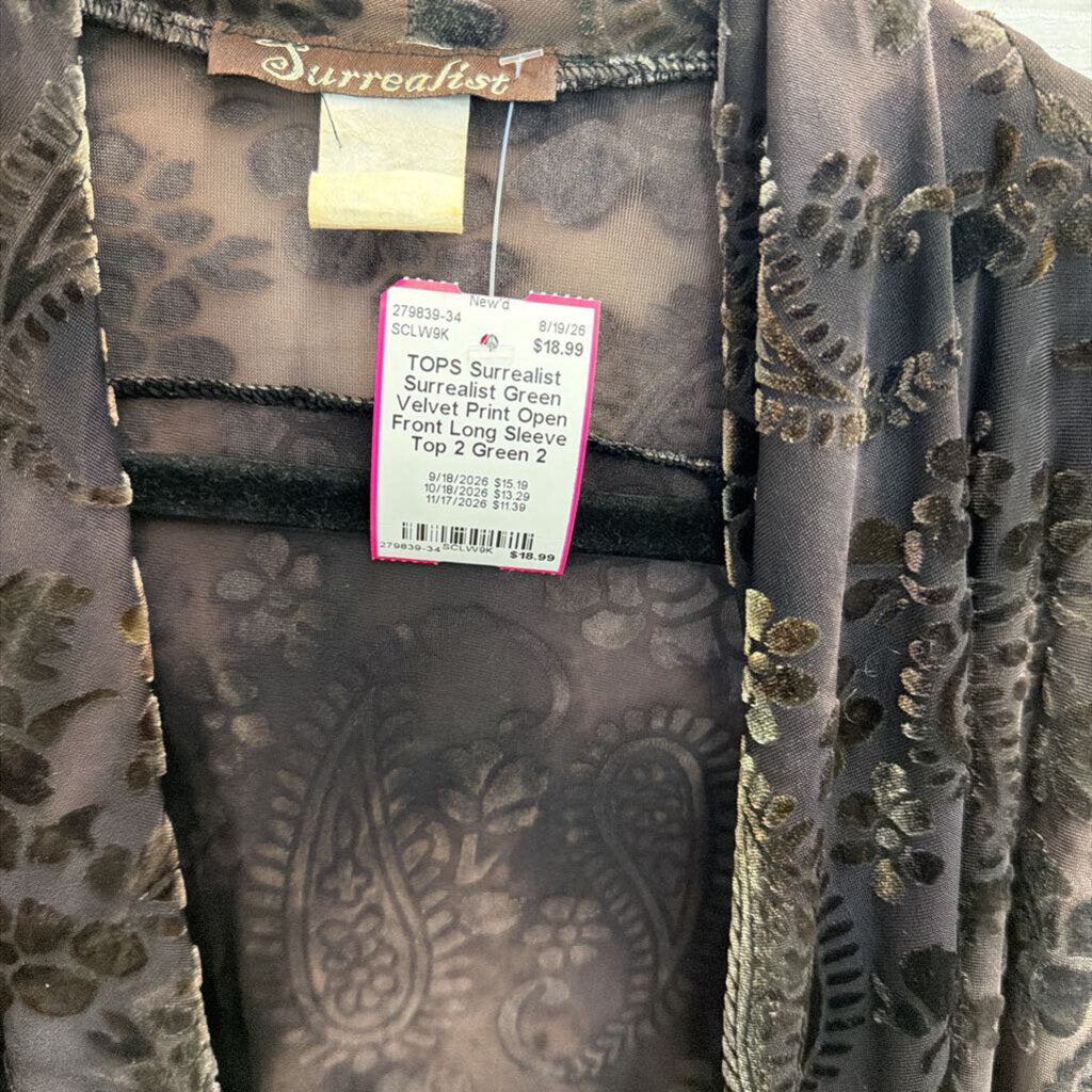 Surrealist Green Velvet Print Open Front Long Sleeve Top 2