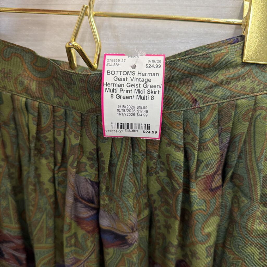 Vintage Herman Geist Green/ Multi Print Midi Skirt 8