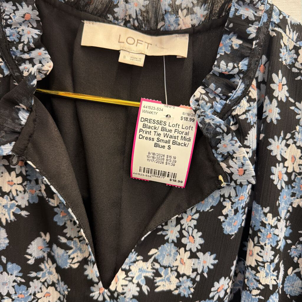 Loft Black/ Blue Floral Print Tie Waist Midi Dress Small