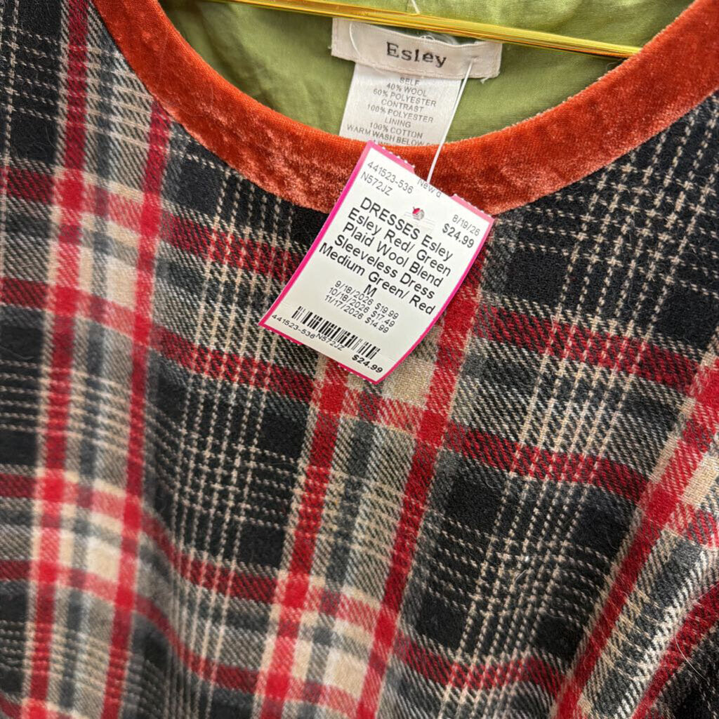 Esley Red/ Green Plaid Wool Blend Sleeveless Dress Medium