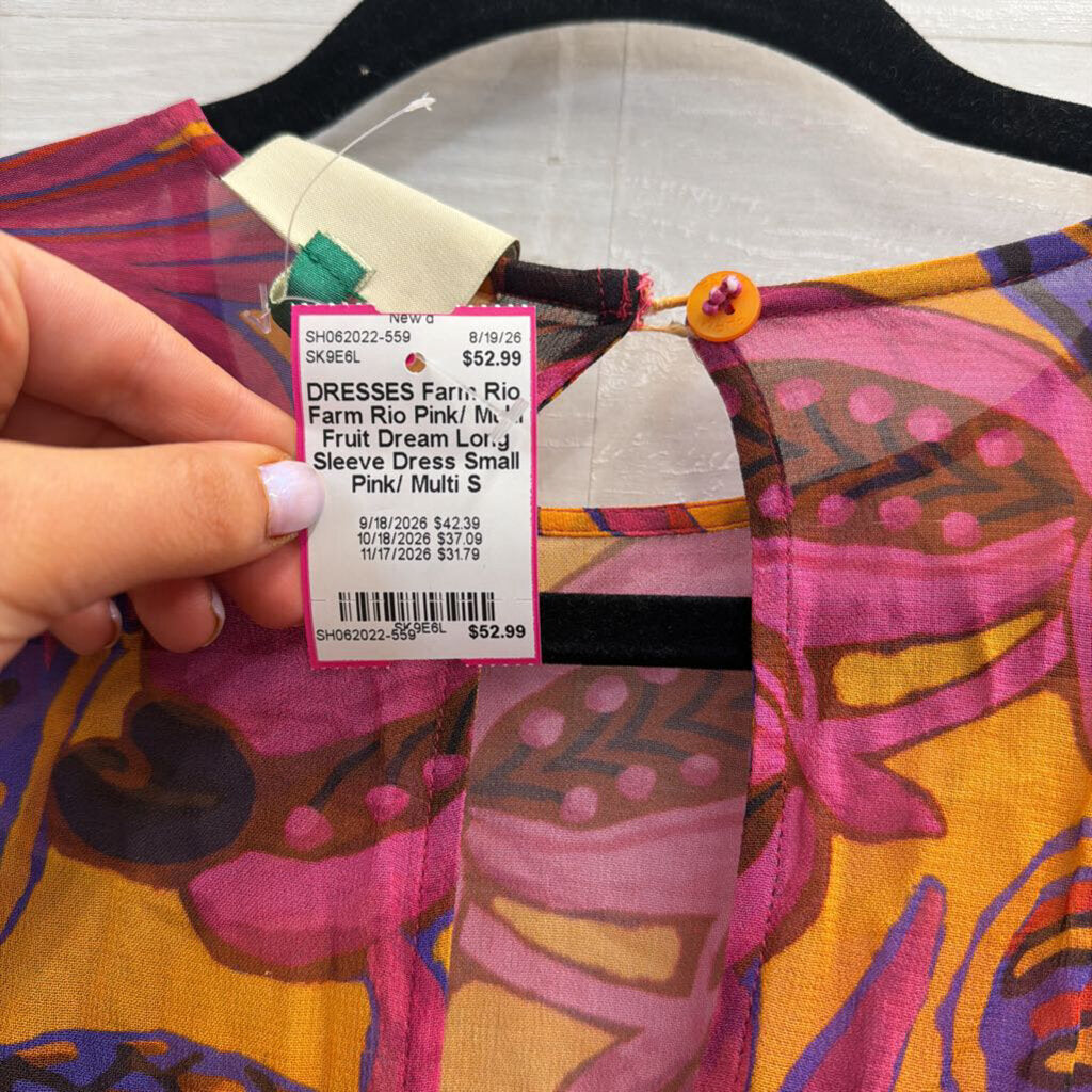 Farm Rio Pink/ Multi Fruit Dream Long Sleeve Dress Small