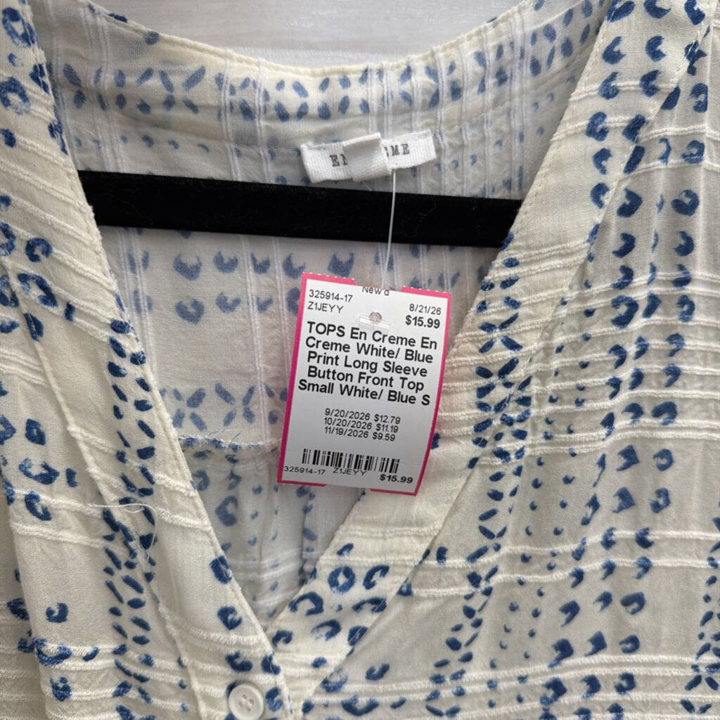 En Creme White/ Blue Print Long Sleeve Button Front Top Small