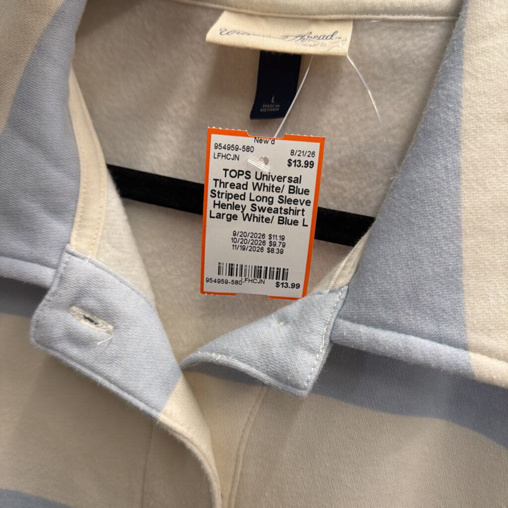 White/ Blue Striped Long Sleeve Henley Sweatshirt Large