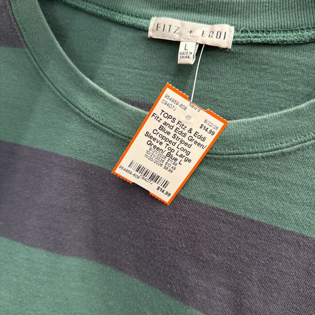 Fitz and Eddi Green/ Blue Striped Cropped Long Sleeve Top Large