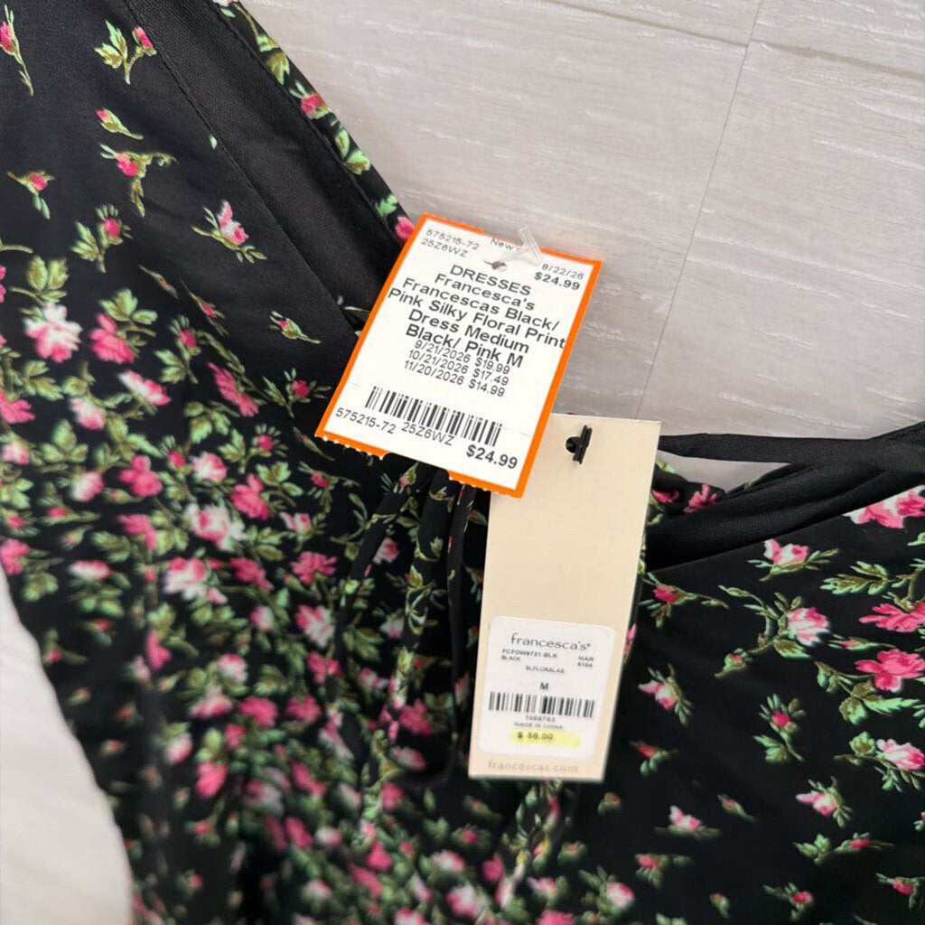 Francescas Black/ Pink Silky Floral Print Dress Medium