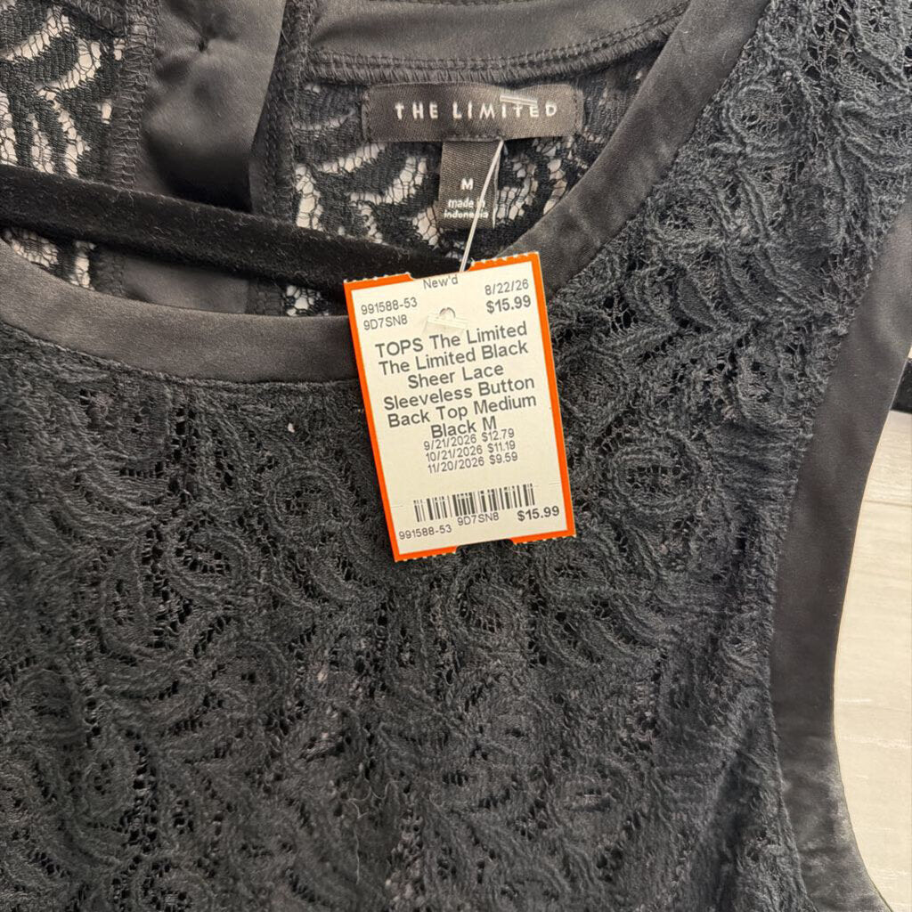 The Limited Black Sheer Lace Sleeveless Button Back Top Medium