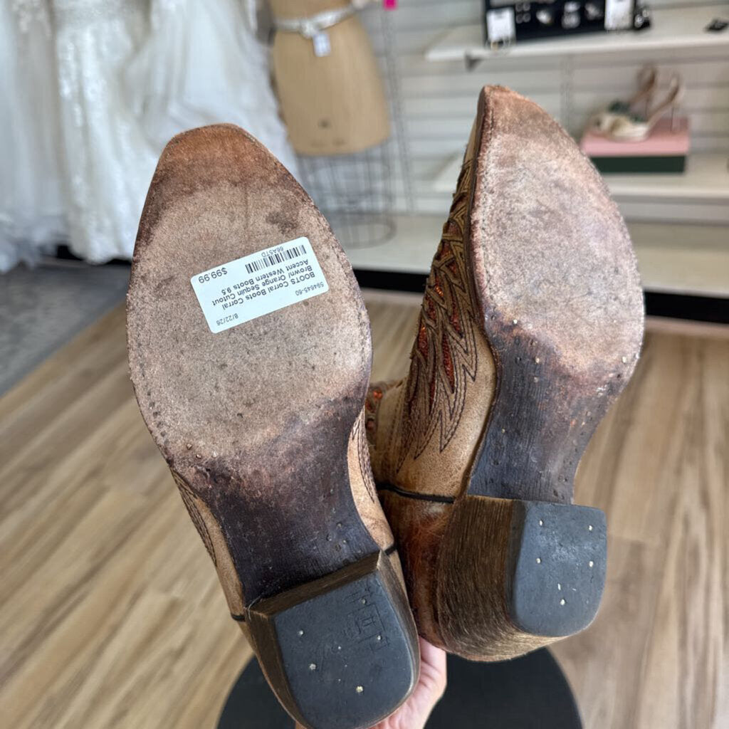 Corral Brown/ Orange Sequin Cutout Accent Western Boots 9.5