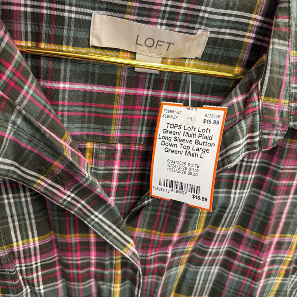 Loft Green/ Multi Plaid Long Sleeve Button Down Top Large