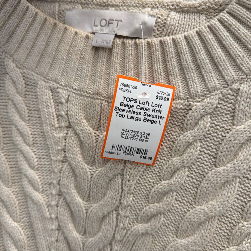 Loft Beige Cable Knit Sleeveless Sweater Top Large