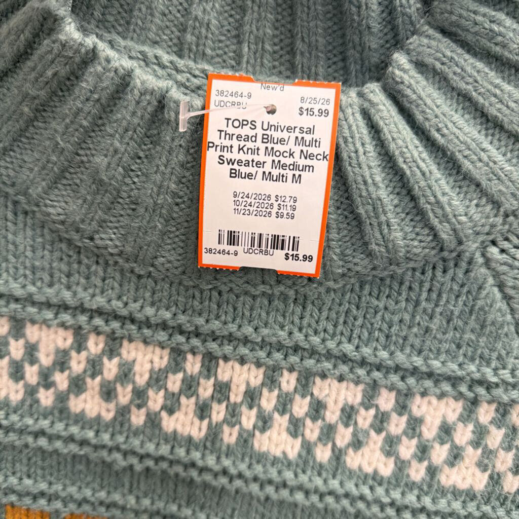 Blue/ Multi Print Knit Mock Neck Sweater Medium