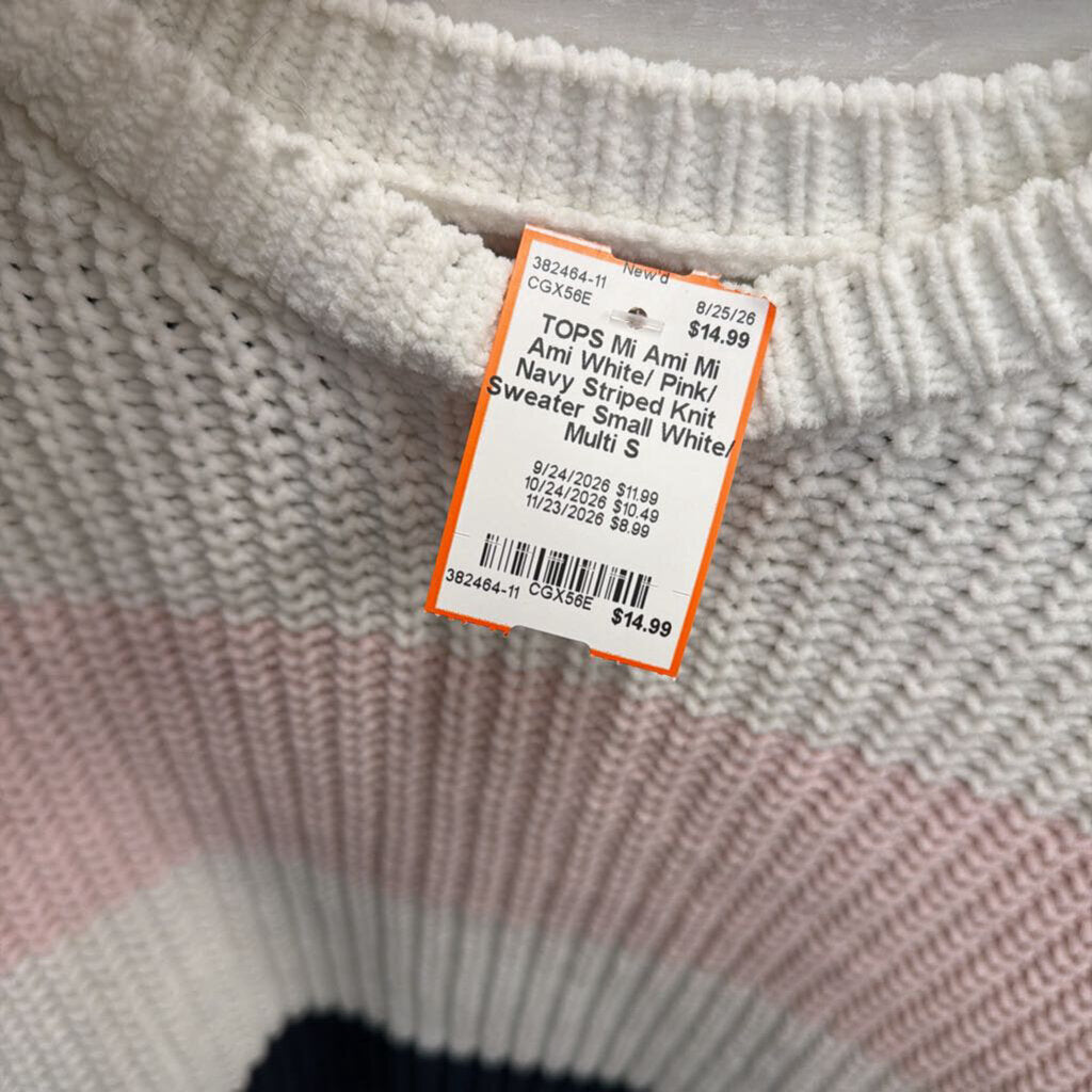 Mi Ami White/ Pink/ Navy Striped Knit Sweater Small