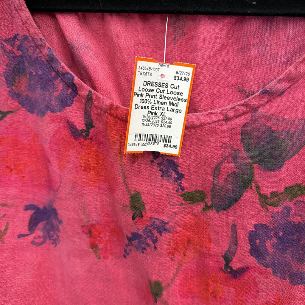 Cut Loose Pink Print Sleeveless 100% Linen Midi Dress Extra Large