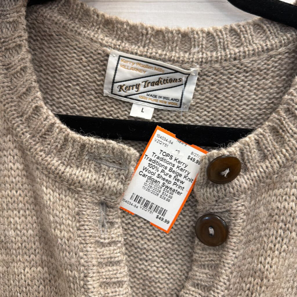 Kerry Traditions Beige Knit 100% Pure New Wool Sheep Print Cardigan Sweater Large