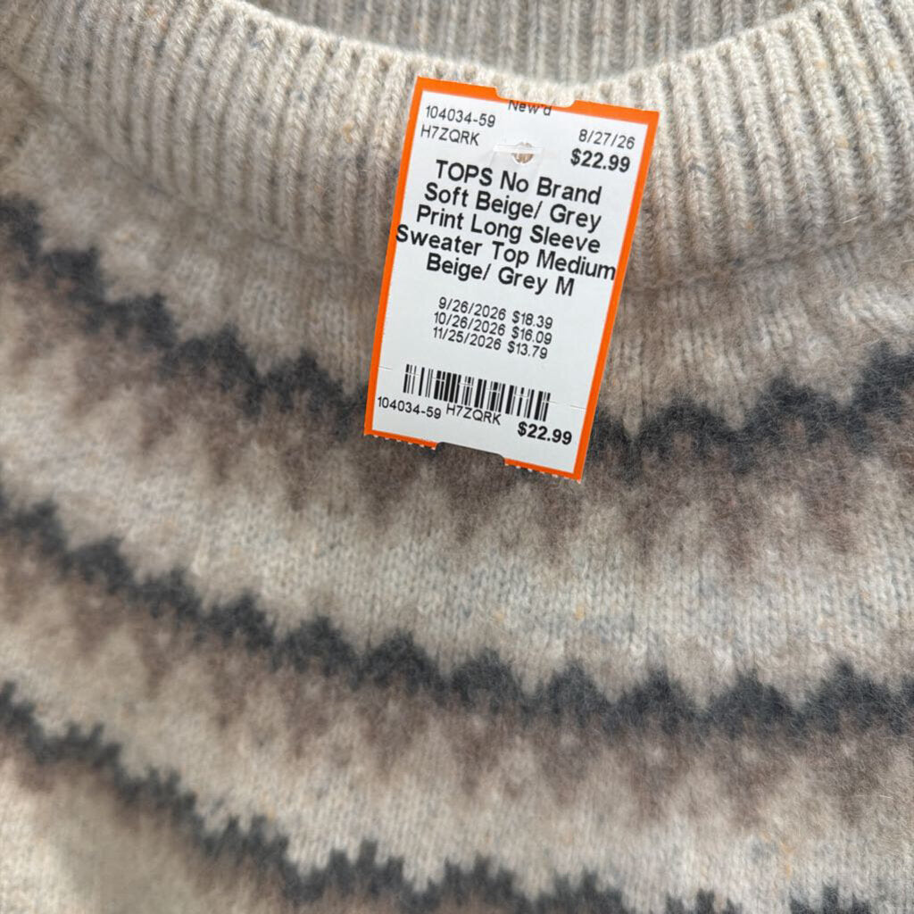 Soft Beige/ Grey Print Long Sleeve Sweater Top Medium