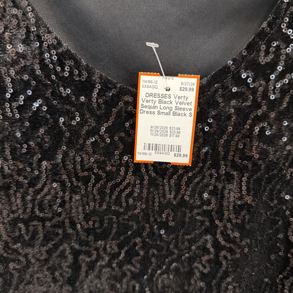 Verty Black Velvet Sequin Long Sleeve Dress Small