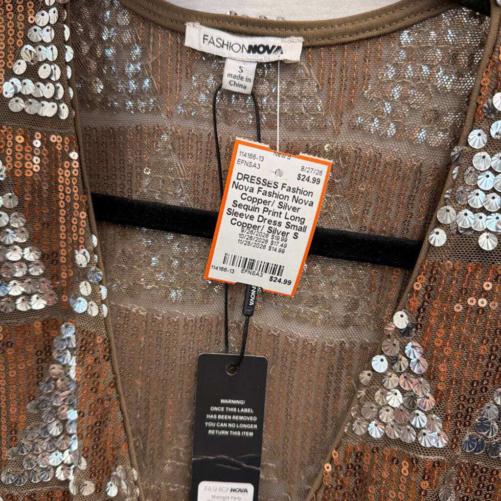 Fashion Nova Copper/ Silver Sequin Print Long Sleeve Dress Small