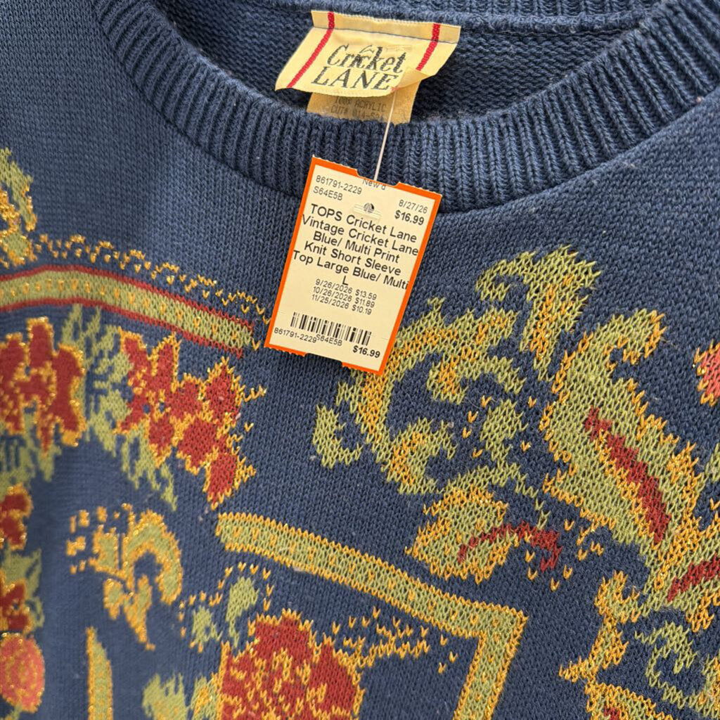 Vintage Cricket Lane Blue/ Multi Print Knit Short Sleeve Top Large