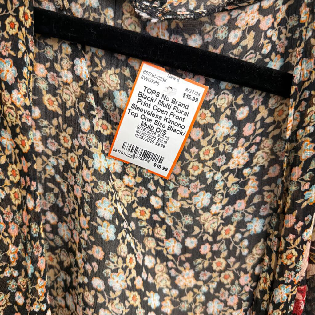 Black/ Multi Floral Print Open Front Sleeveless Kimono Top One Size