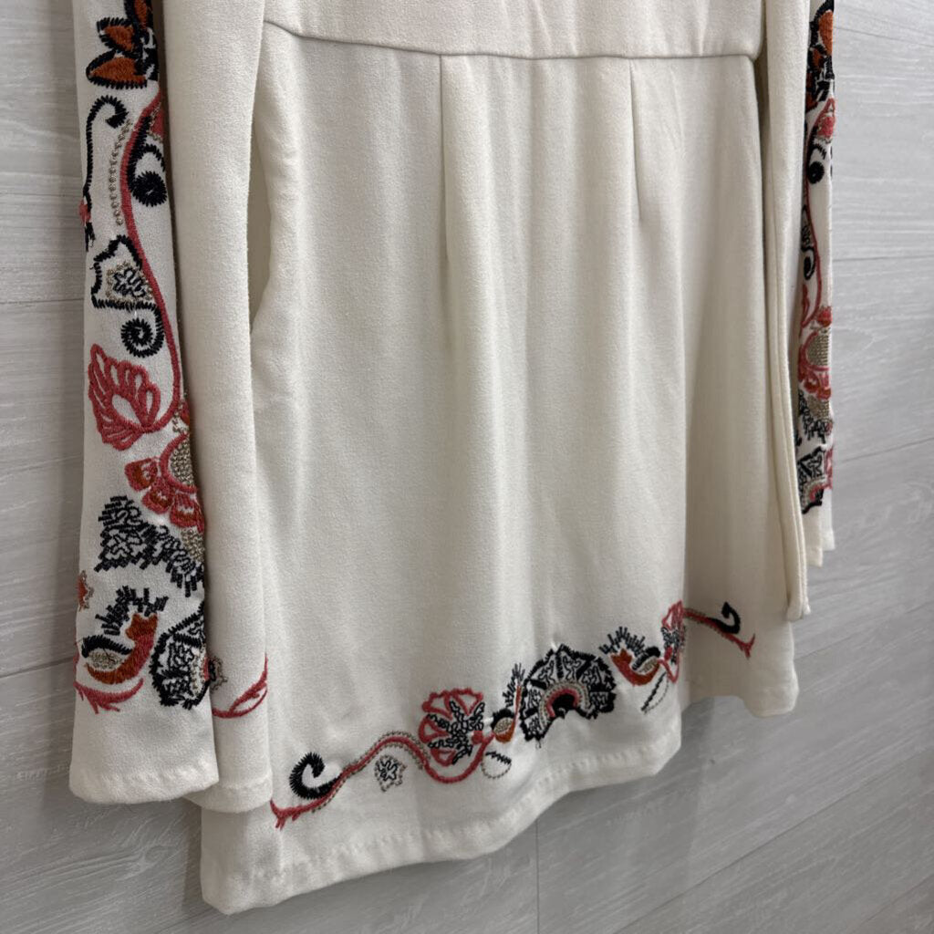 Free People Cream/ Multi Embroidered Detail Long Bell Sleeve Mini Dress 4