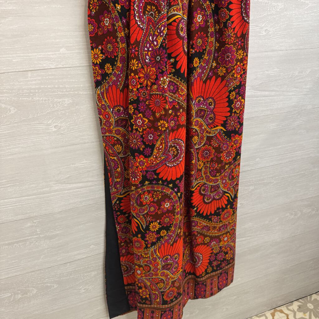 Vintage Red/ Multi Retro Floral Sleeveless Split Side Maxi Dress Small