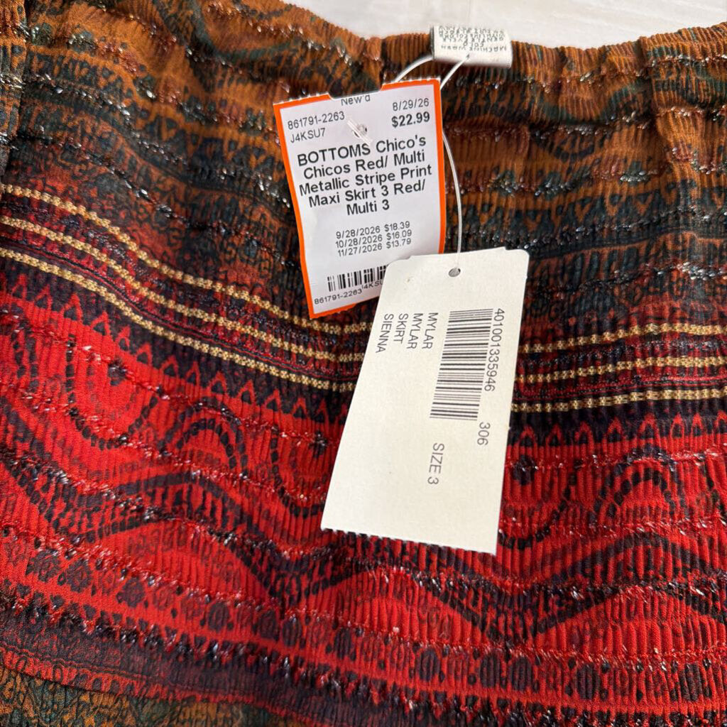 Chicos Red/ Multi Metallic Stripe Print Maxi Skirt 3
