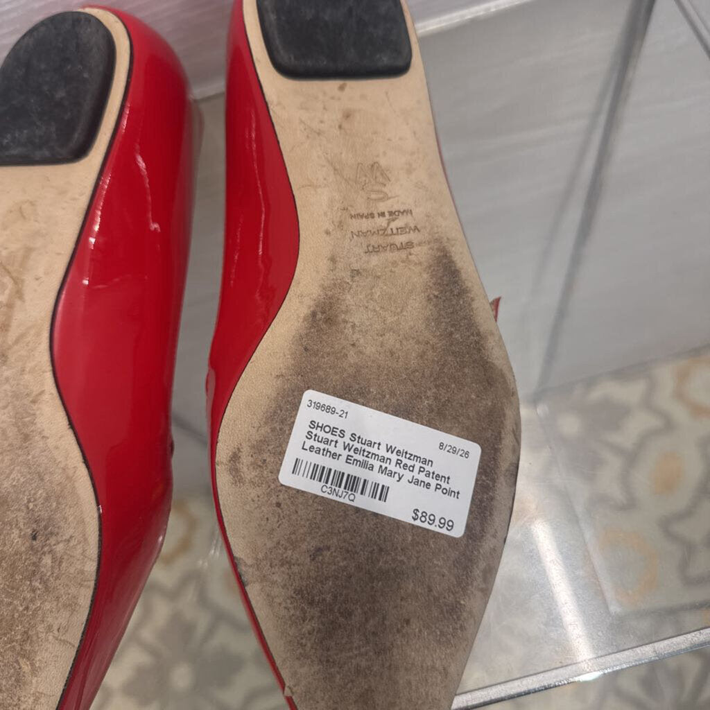 Stuart Weitzman Red Patent Leather Emilia Mary Jane Point Toe Flats 8