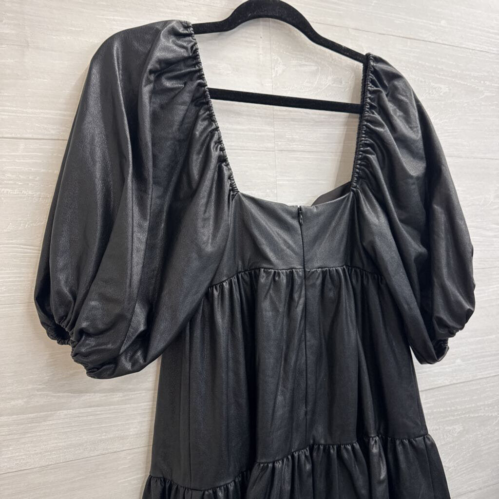 Amanda Uprichard Black Faux Leather Short Puff Sleeve Dress Extra Small