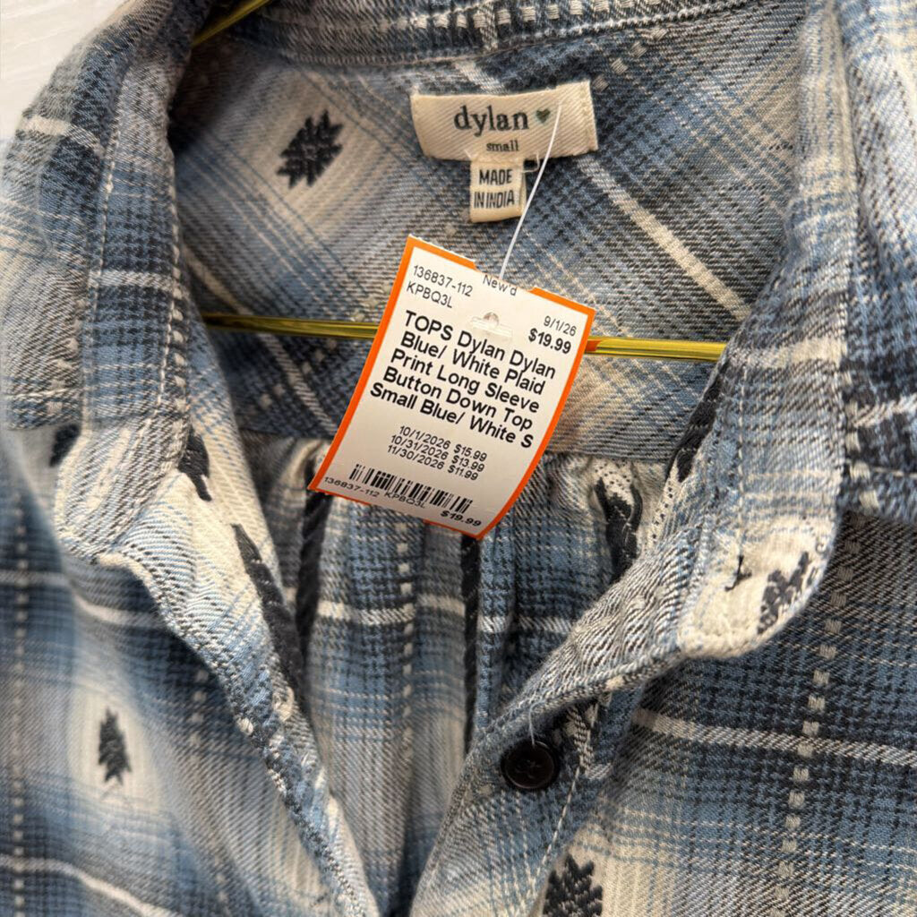 Dylan Blue/ White Plaid Print Long Sleeve Button Down Top Small