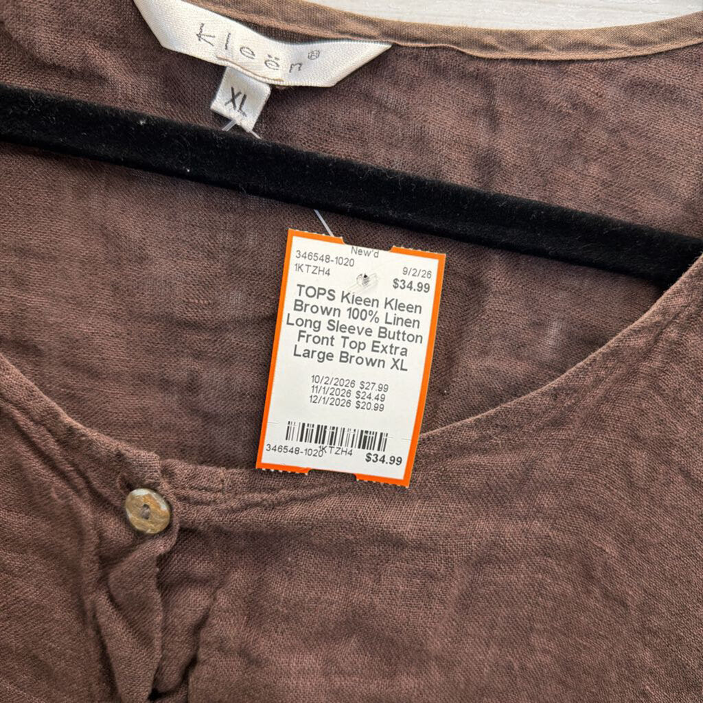 Kleen Brown 100% Linen Long Sleeve Button Front Top Extra Large