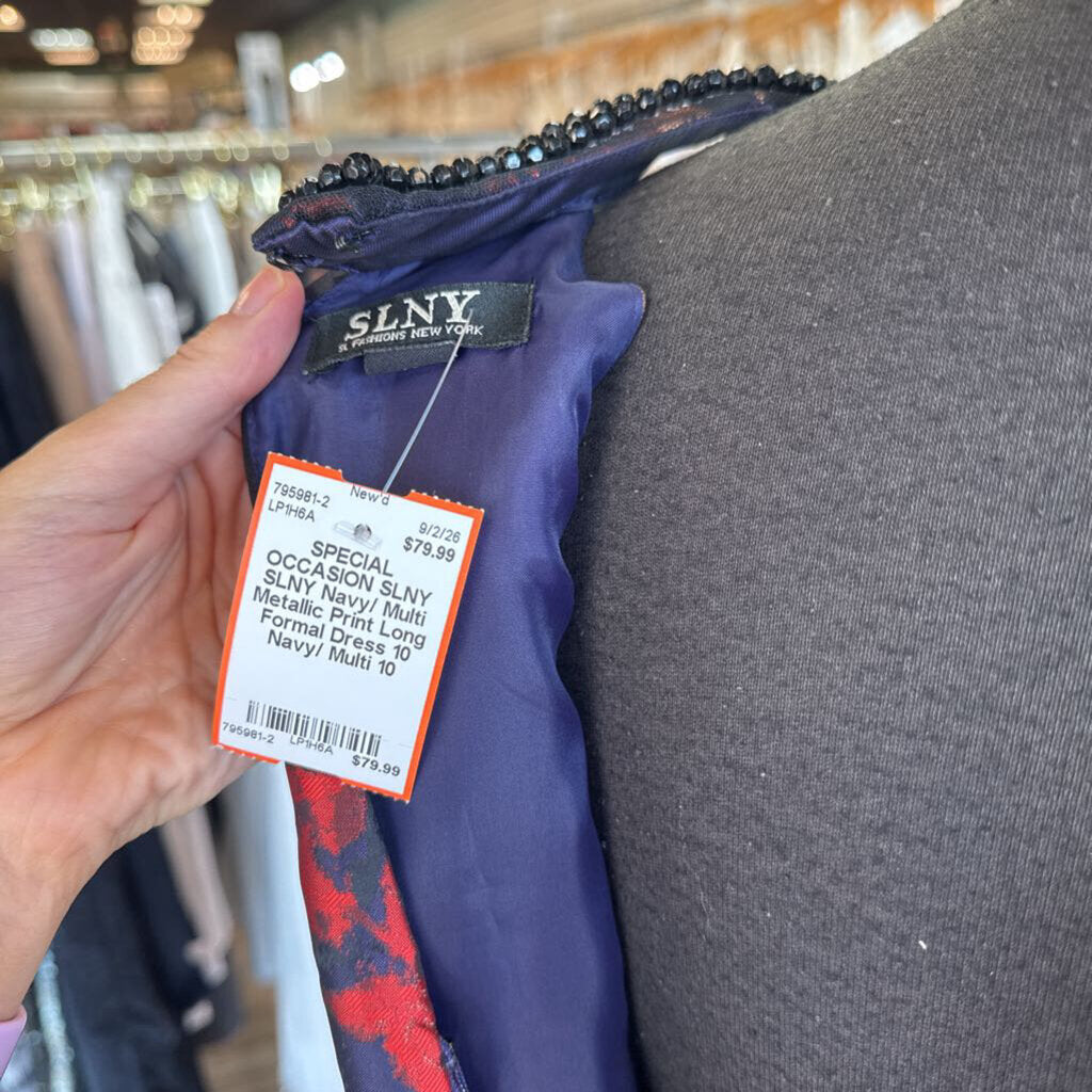 SLNY Navy/ Multi Metallic Print Long Formal Dress 10