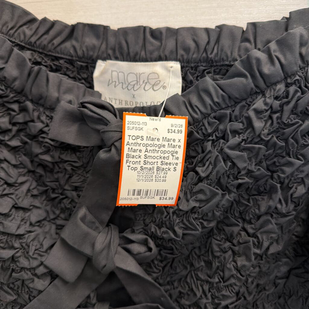 Mare Mare Anthropogie Black Smocked Tie Front Short Sleeve Top Small